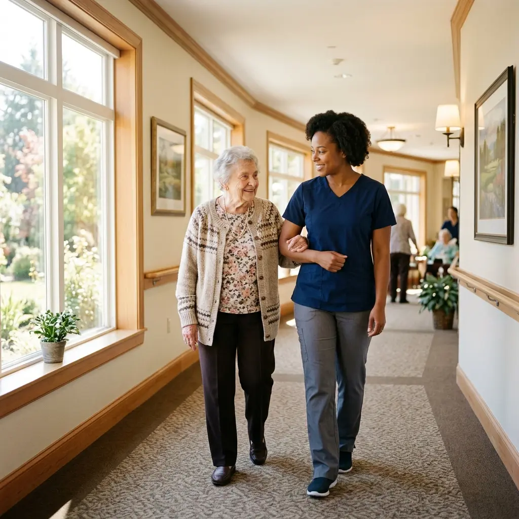 A nurse and an elderly resident sharing a quiet conversation in a sunlit common room.