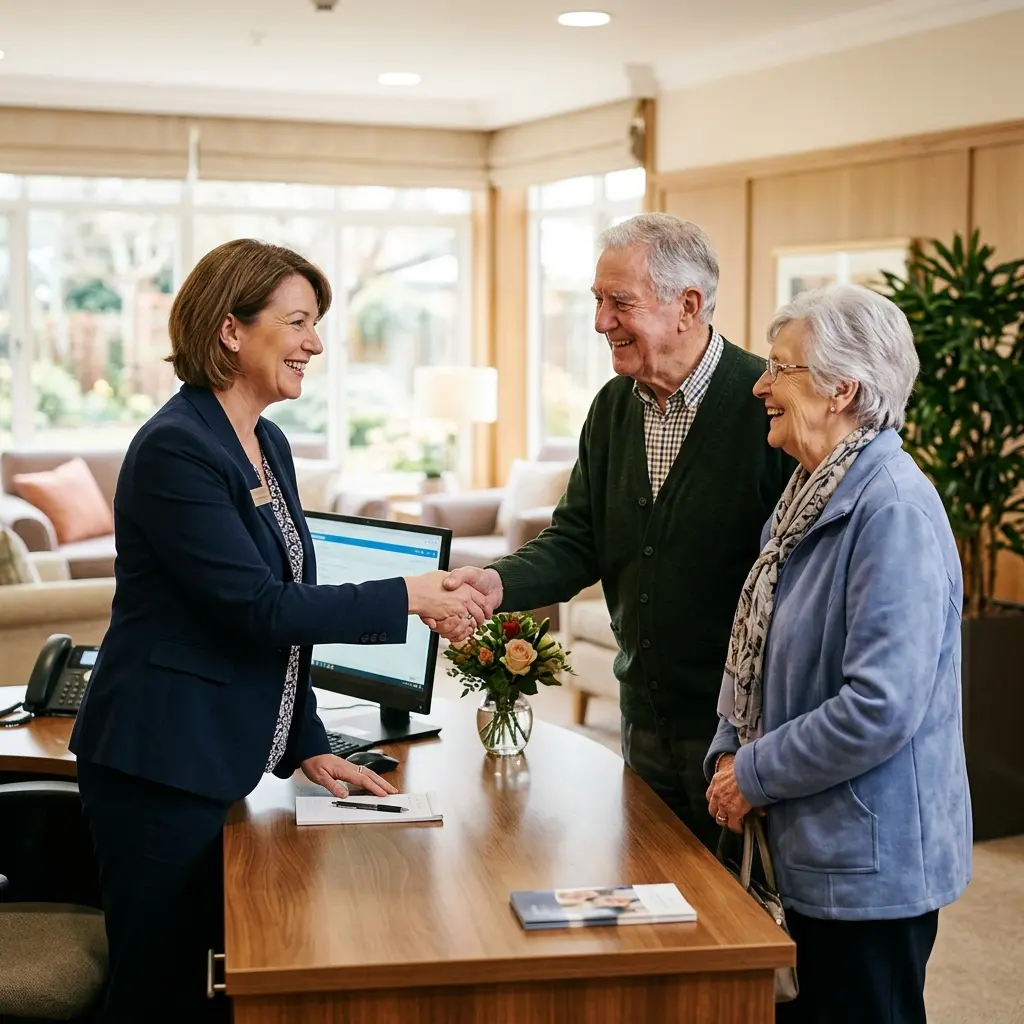 A warm professional admissions director reviewing forms at a desk with a family member, smiling reassuringly.