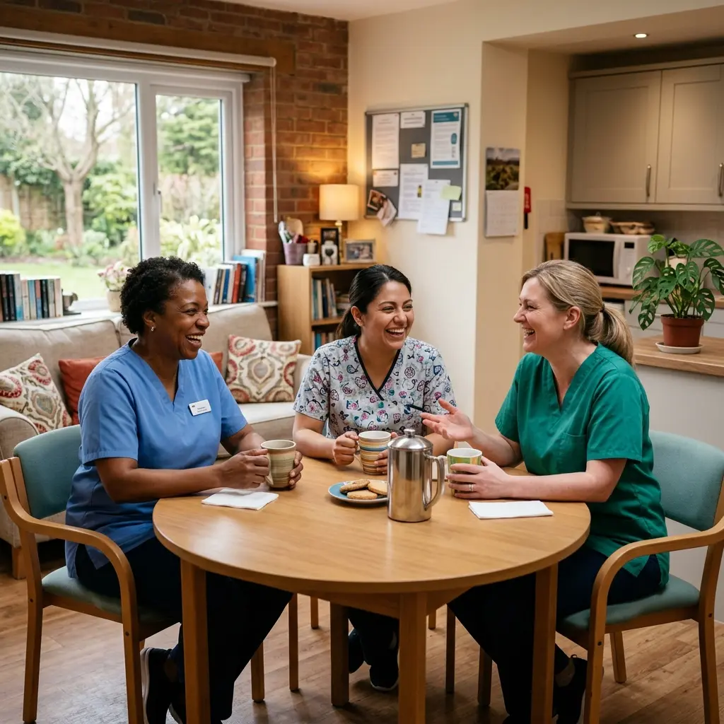 A young CNA, a male nurse, and an older activities aide laughing together over coffee in a bright staff break room.