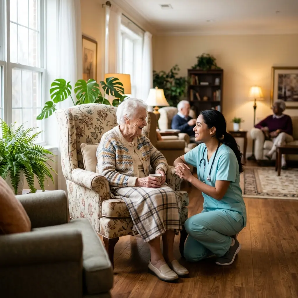 An elderly woman sitting in a wingback chair with a soft blanket, smiling and talking with a young nurse in light teal scrubs who is kneeling beside her listening attentively.