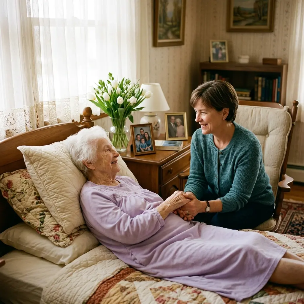 An elderly woman holding her adult daughter's hand in a sunlit room with white tulips on the nightstand.