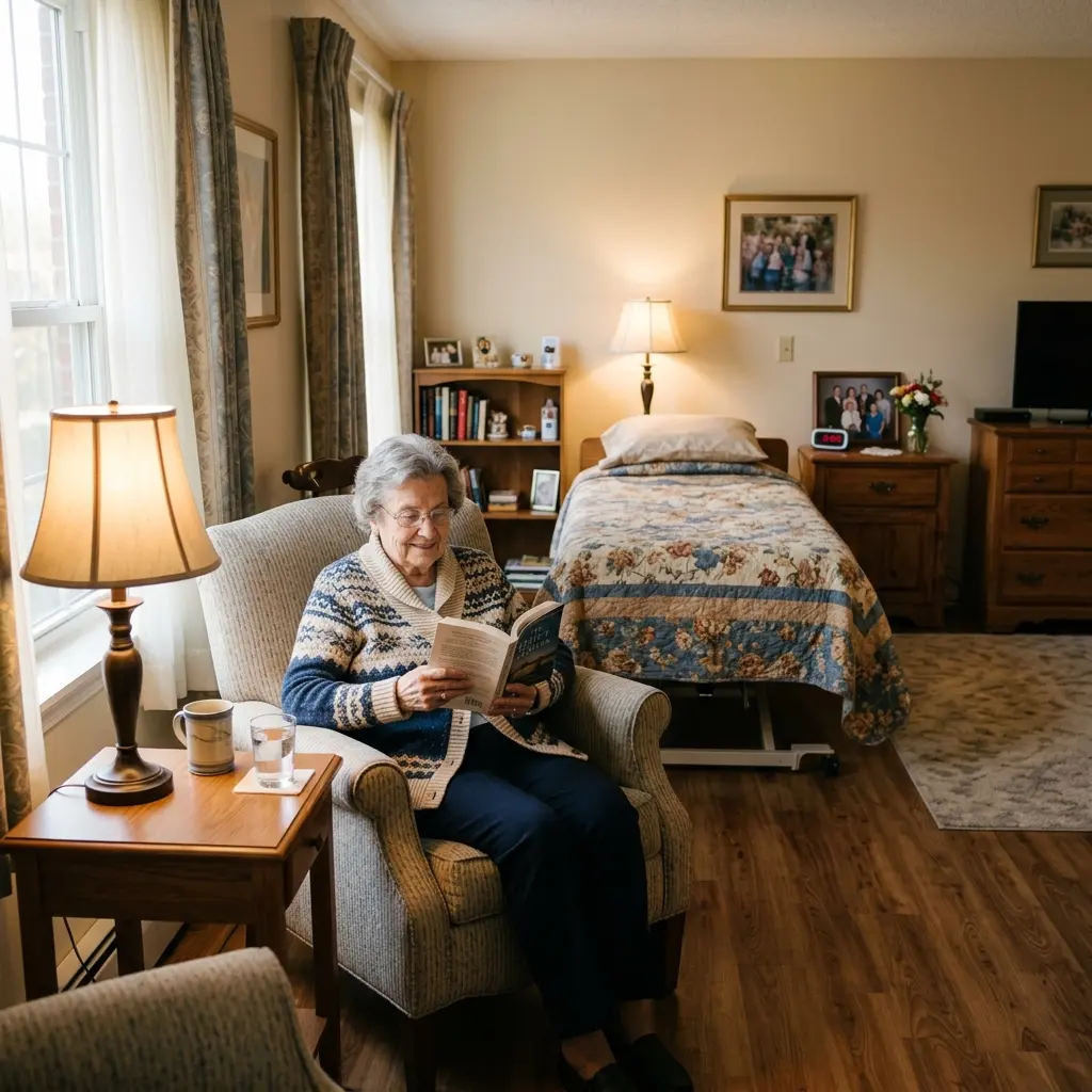 A peaceful private resident room with a quilted bedspread, soft armchair, and warm afternoon light.