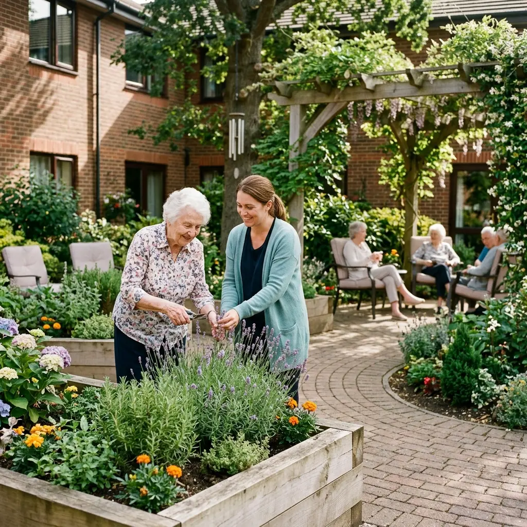 An activities staff member helping an elderly woman tend lavender plants in a sensory garden courtyard.