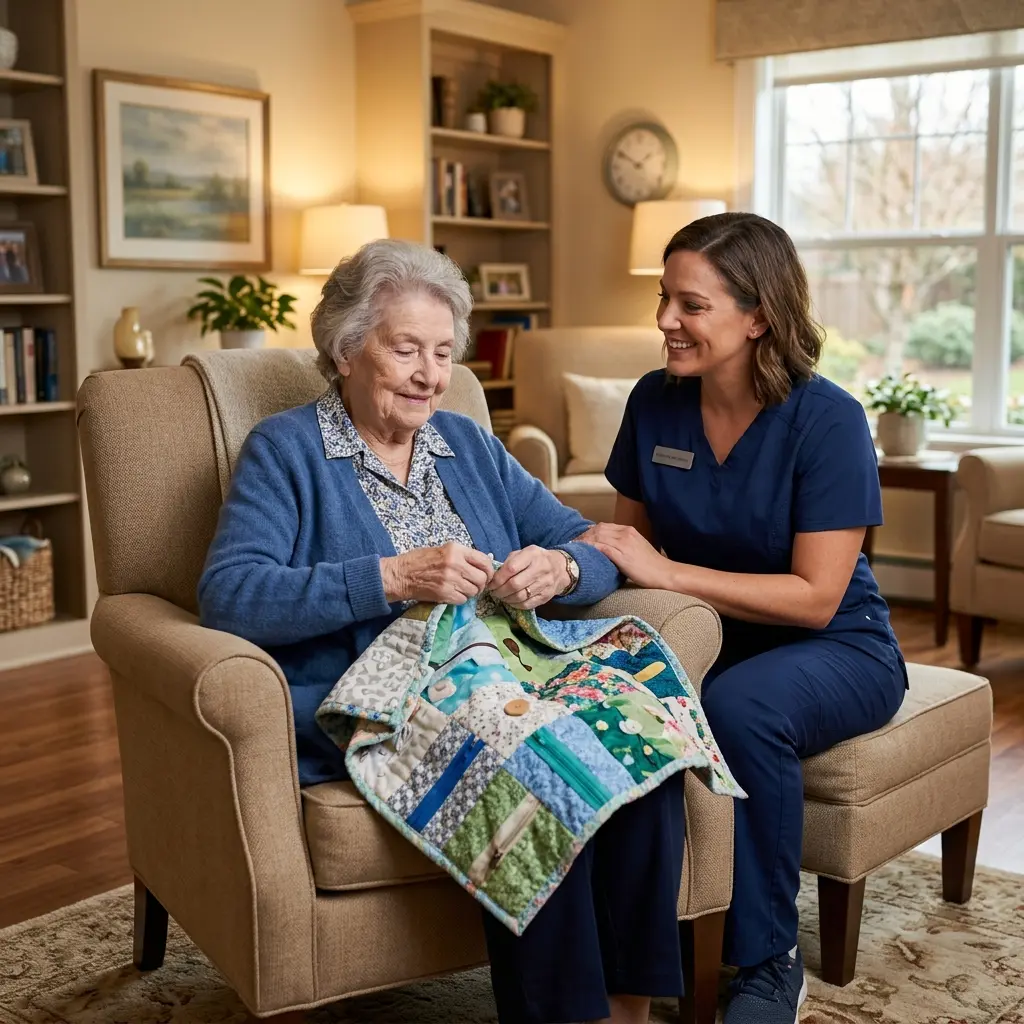 A specialized memory care living room with comfortable upholstered chairs, period-appropriate decor, and a care partner sitting beside a peaceful elderly resident.