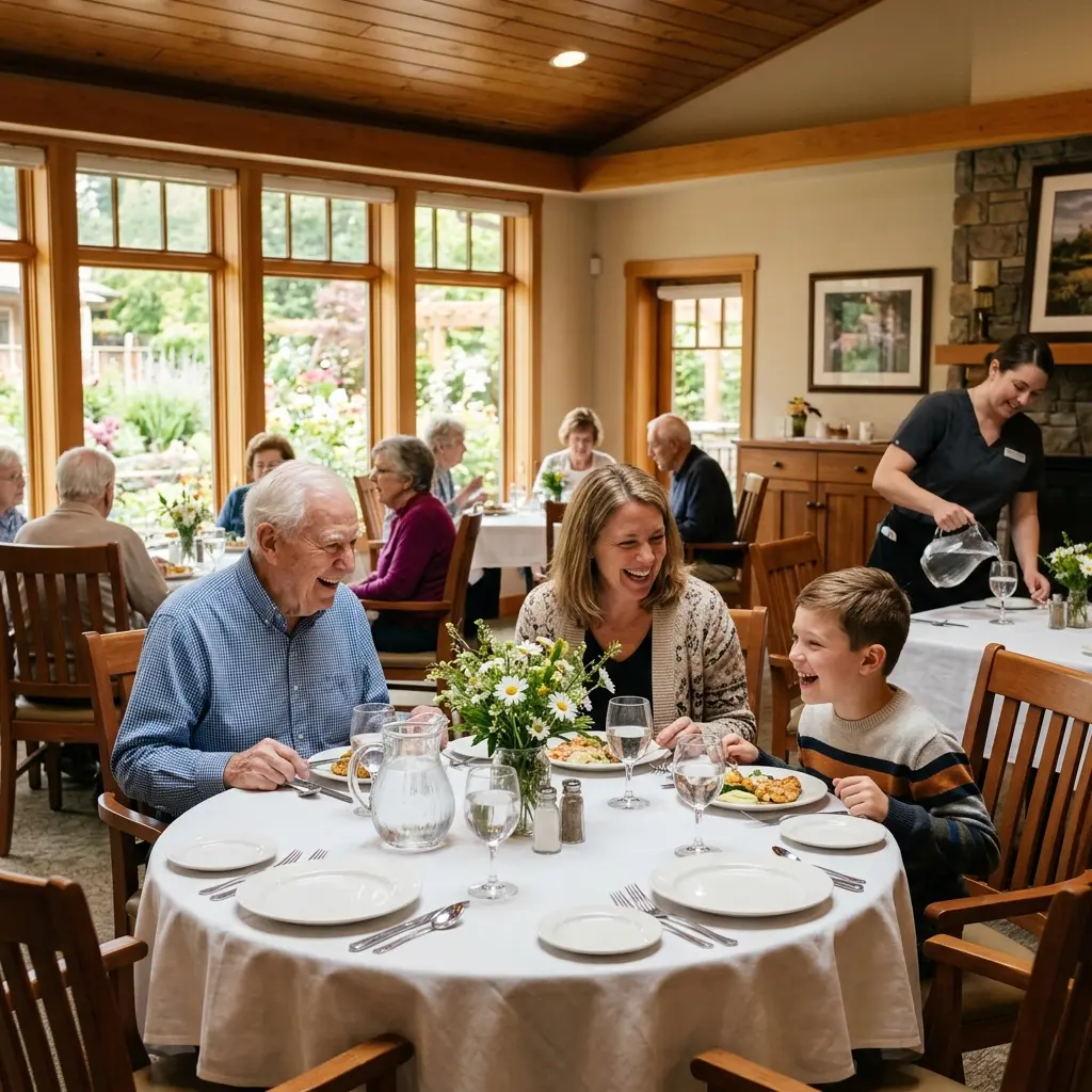 An elderly man sharing a meal and laughing with two visiting family members in a bistro-style dining room.