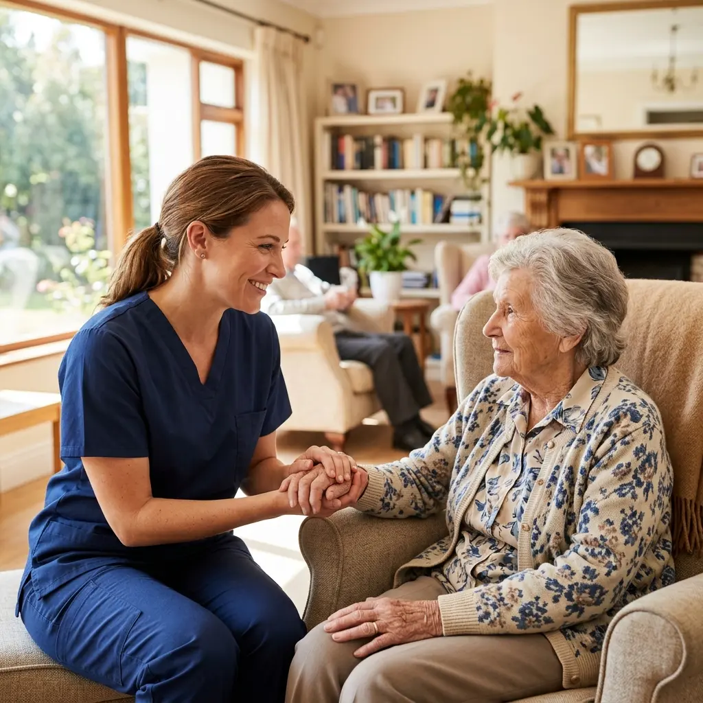 Diverse elderly residents smiling and engaged in conversation in a brightly lit common room.