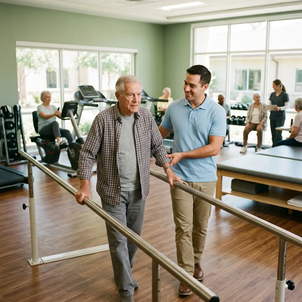 Physical therapist helping an elderly man walk between parallel bars in a sunlit therapy gym.