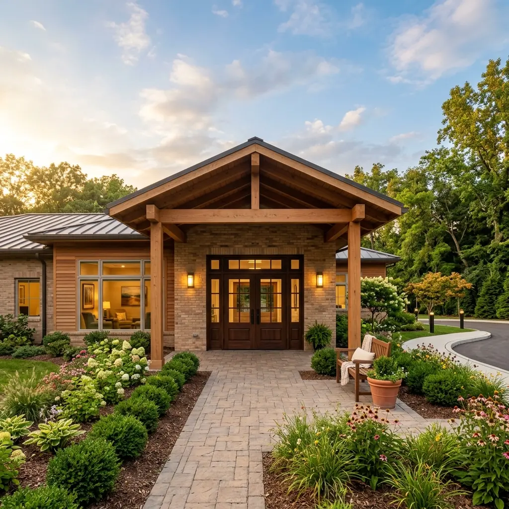 The welcoming covered entrance of University Park Healthcare Center at golden hour, with cedar accents and landscaped beds.